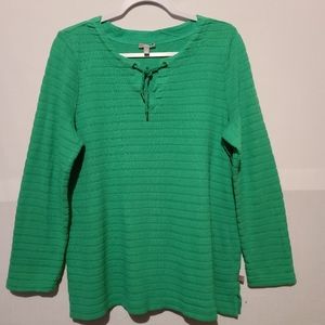 Talbots Green Textured Cotton Pullover V-Neck Tie Top Size L